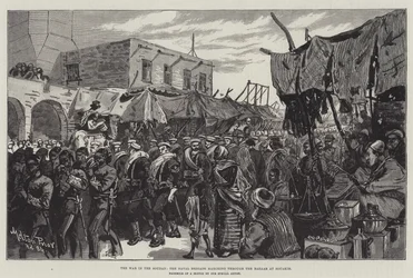 Der Krieg im Sudan, die Marinebrigade marschiert durch den Basar in Souakim